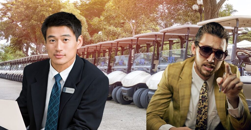 Good salesman and bad sales man in front of golf carts